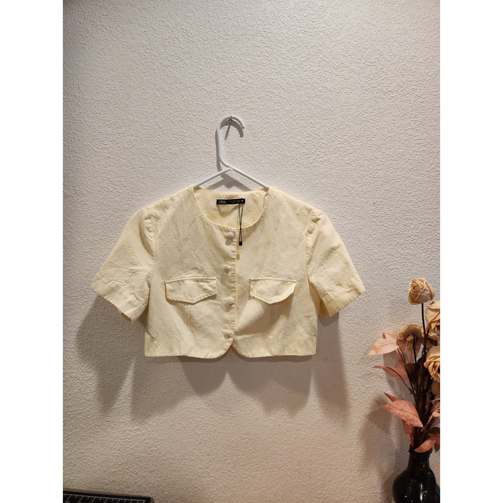 ZARA Linen Blend Cropped Short Sleeve Button Front Jacket Cream Size S